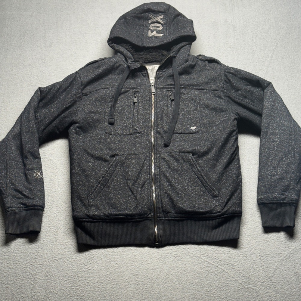 Fox Racing Hoodie Mens Large Gray Faux Fur Lined Full Zip Heavy Jacket 45340